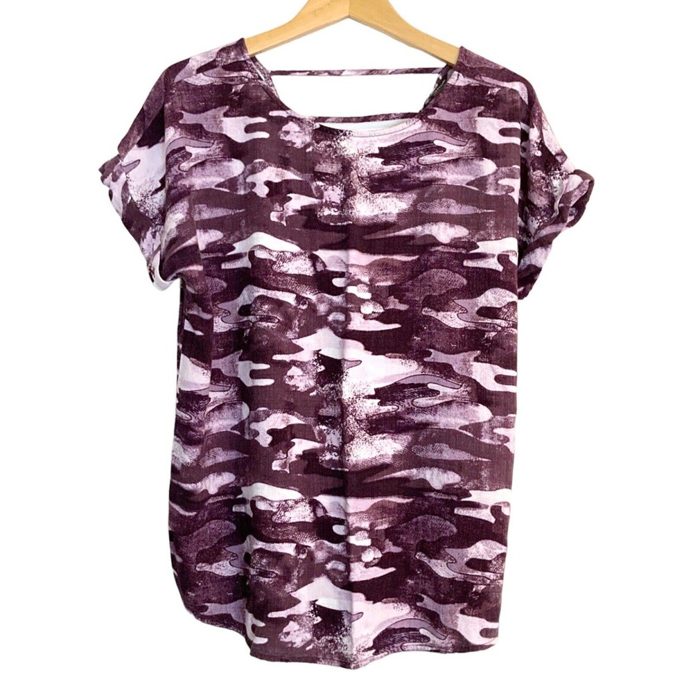 Rock & Republic Womens MEDIUM Top Shirt Open Back Camo Print Purple Soft Stretch